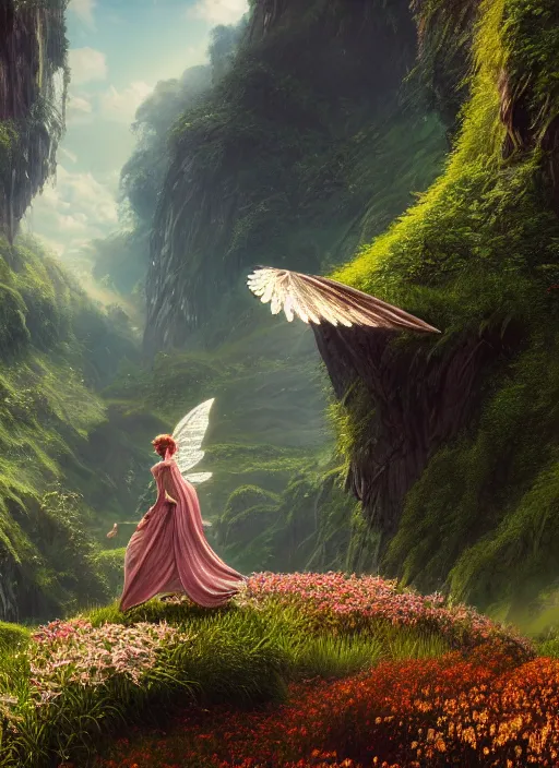 Image similar to an elegant winged fairy in the lord of the rings scenery landscape, playing in a vast lush valley flowers and mushroom structures, stream, sunrise, god's rays highly detailed, vivid color, cinematic lighting, perfect composition, 8 k, gustave dore, derek zabrocki, greg rutkowski, belsinski, octane render