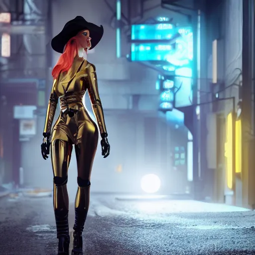 Image similar to beautiful female cyborg wearing cowboy hat walking in art deco cyberpunk alley, brilliant long green hair, glowing golden eyes, wearing long trench coat, bright silver revolvers in holsters, dynamic dramatic golden moody lighting, volumetric lighting, shadows,cinematic atmosphere,Artstation, hyperrealistic 3D digital art,Octane render,8K 4K UHD image