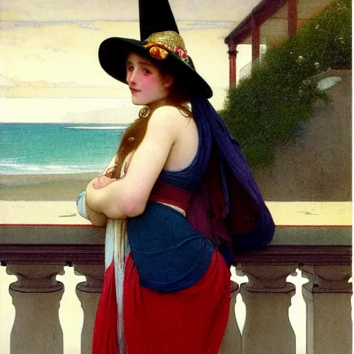 Image similar to A girl with jester hat and clothes on the front of a Balustrade with a beach on the background, major arcana clothes, by paul delaroche, alphonse mucha and arnold böcklin arnold böcklin hyperrealistic 8k, very detailed