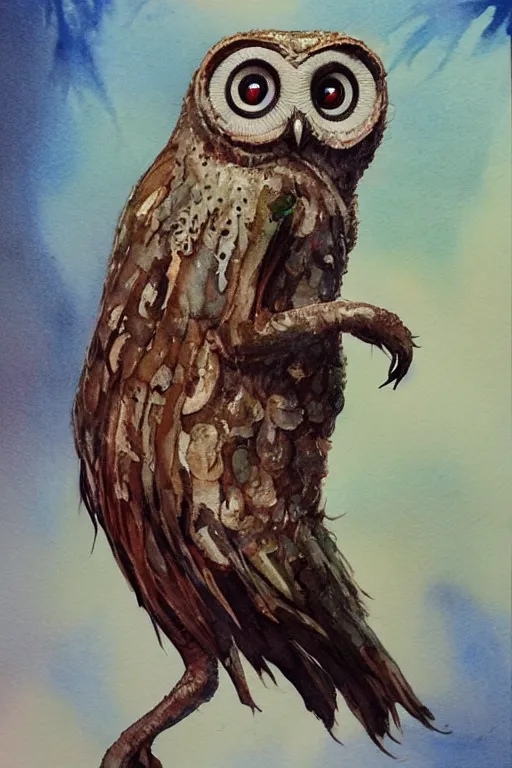 Prompt: inventor who mimics owls,painted by John Giunta and John Avon,trending on artstation, rocky lighting rear view,creature concept art,watercolor painting,Howl’s Moving Castle ,Lovecraftian ,narrative realism ,