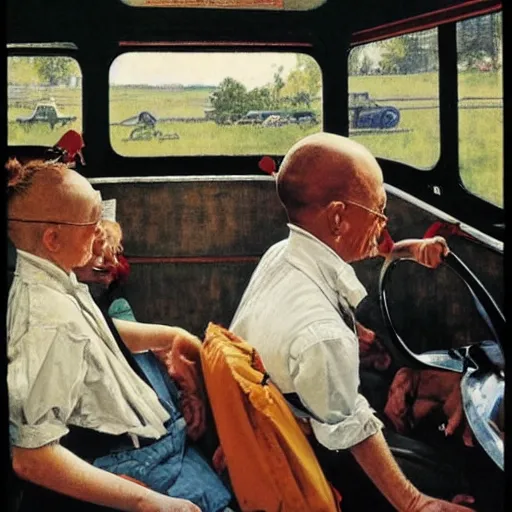 Prompt: Walter white driving a school bus full of Water Whites, Norman Rockwell