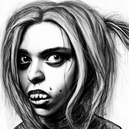 Image similar to surrealism grunge cartoon portrait sketch of billie eilish the raven with a wide smile and a red balloon by - michael karcz, loony toons style, cindy lou who style, horror theme, detailed, elegant, intricate