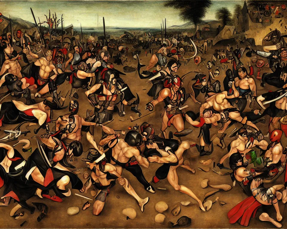 Image similar to goro from mortal kombat art by hieronymus bosh, triumph of death by pieter brueghel