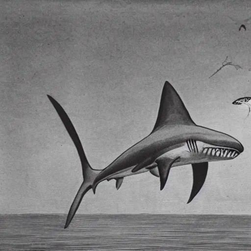 Image similar to a 1 9 2 8 scientific illustration of a shark with human legs walking on the beach