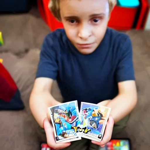 Prompt: boy showing his pokemon cards to the camera.