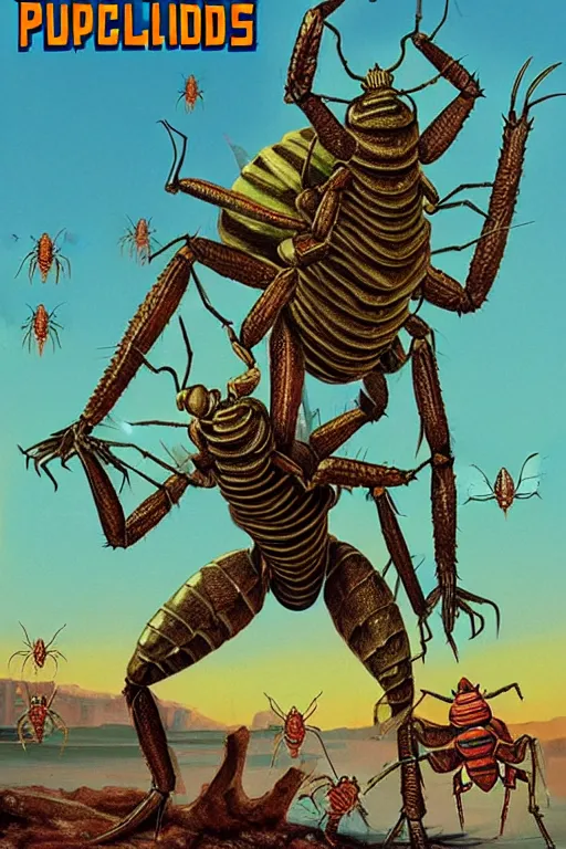 Image similar to insectoids culling puny humans, giant insect monsters, movie poster, digital science fiction pulp art