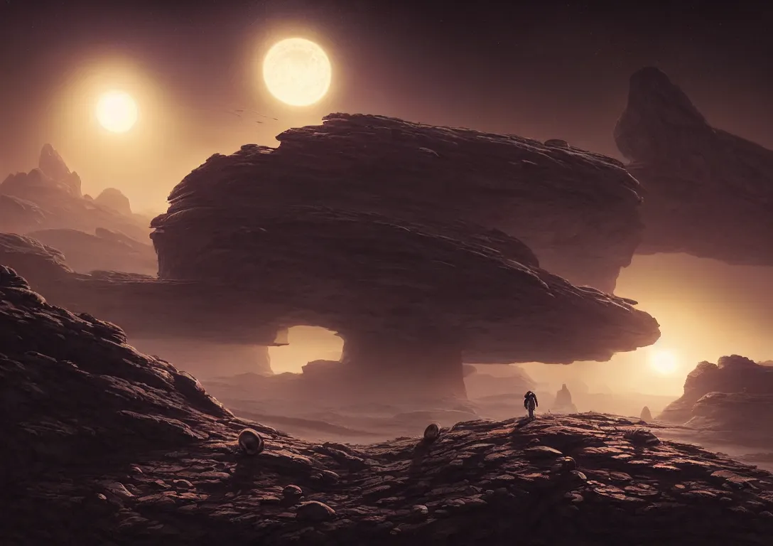 Image similar to no man's sky astronaut exploring a strange surface of another planet at dusk ruins of ancient civilization, ultra high definition, ultra detailed, symmetry, sci - fi, in style of star citizen and greg rutkowski and ross tran