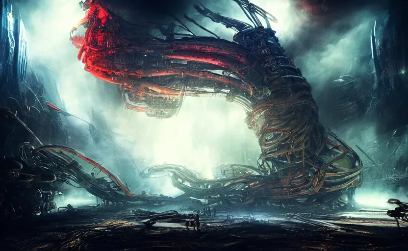 Prompt: a colorful explosive epic extraterrestrial and hunan battle in hollywood, in the style of h. r. giger, epic scene, extremely detailed masterpiece, extremely moody lighting, glowing light and shadow, atmospheric, shadowy, cinematic, god lighting