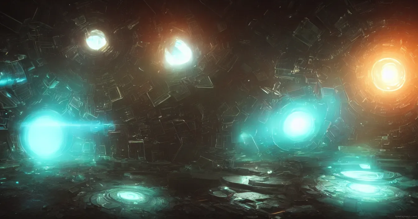 Image similar to Scifi concept art of magic tesseract, color difraction, aberrations, defocus, bokeh, in dark room, volumetry scattering, rendered in Vray, high samples