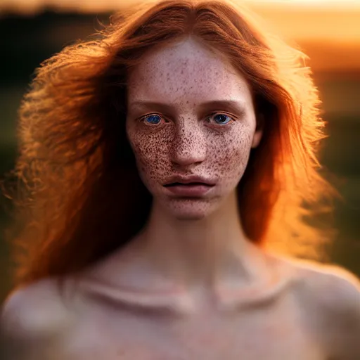 Image similar to photographic portrait of a stunningly beautiful renaissance female in soft dreamy light at sunset, freckles, extremely long flowing hair, contemporary fashion shoot, by edward robert hughes, annie leibovitz and steve mccurry, david lazar, jimmy nelsson, breathtaking, 8 k resolution, extremely detailed, beautiful, establishing shot, artistic, hyperrealistic, beautiful face, octane render