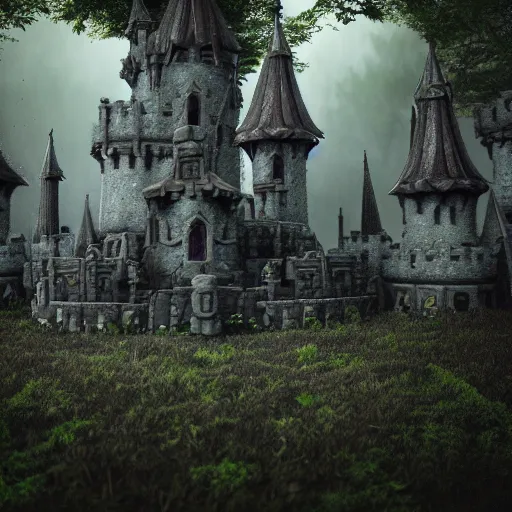 Prompt: dark castle, purple fumes, moss covered towers, eyes in the sky, octane render.