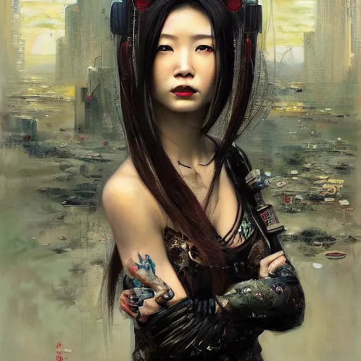 Prompt: a beatiful painting of portrait, A Chinese style beauty, cyberpunk, by Mizuri AU and Soufiane Idrassi and BONDARTS and Tomasz Alen Kopera and Klaus Wittmann and Deathburger and Daniel Romanovsky and Aku, trending on artststion