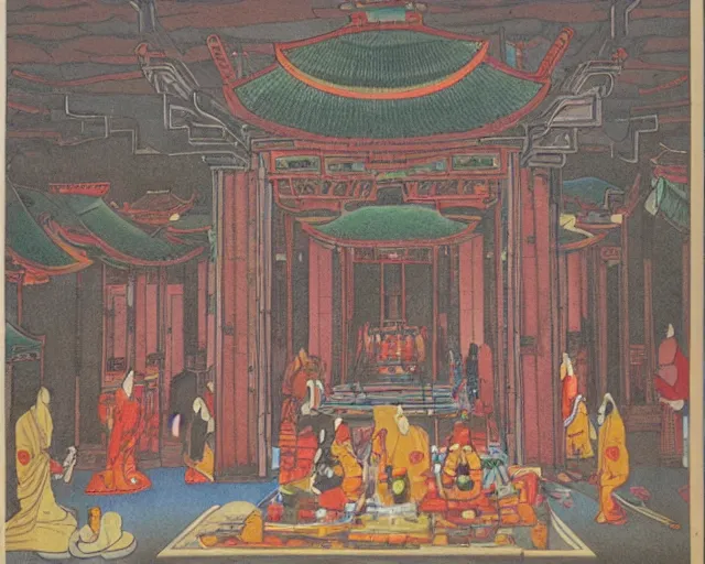 Image similar to Strange beings gathering inside the temple. Yves Tangyu.