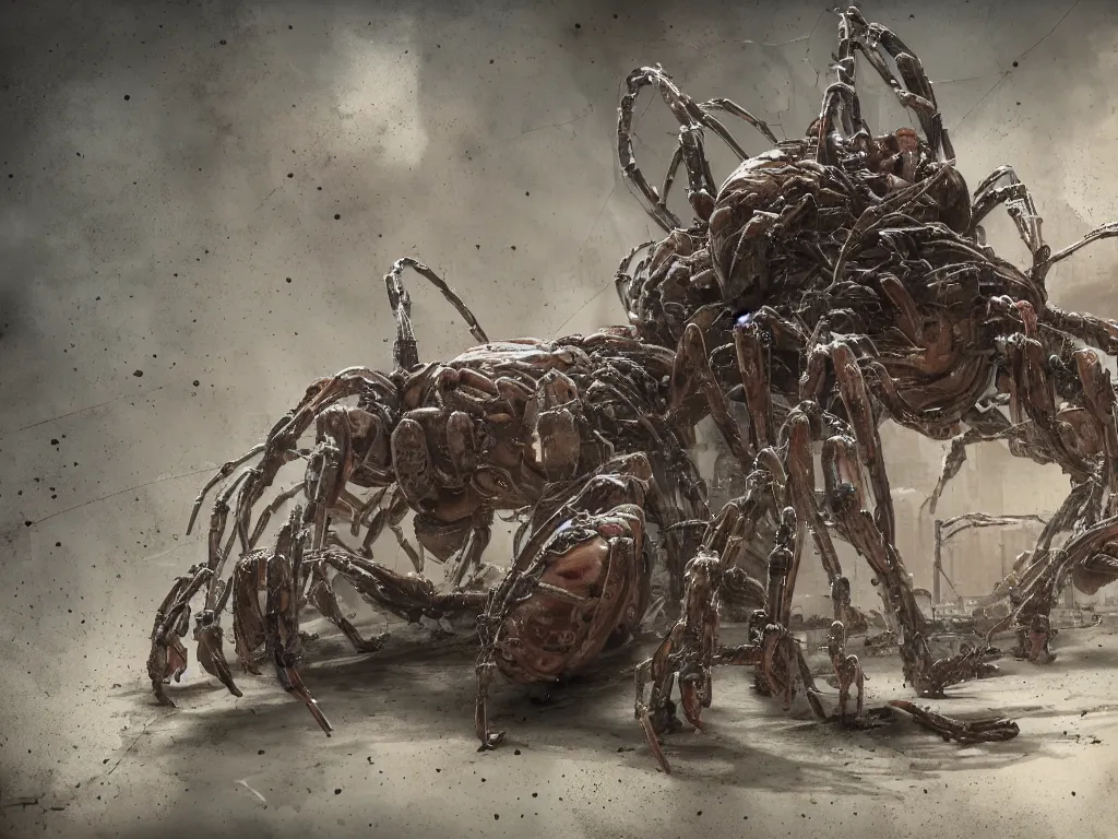 Prompt: Techno-biological meat spider panzer tank with double long barrel walks through the ruins. Consisting of tumors, veins, guts, kidneys, wires, long spider paws. Bodyhorror, biopunk, extremely high detail, ultra realistic, photorealism, concept art, octane render, view from a distance, 8k, 16k