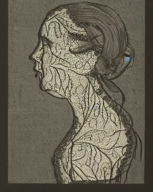 Prompt: a woman's face in profile, made of intricate decorative lace leaf skeleton, in the style of the dutch masters and gregory crewdson, dark and moody
