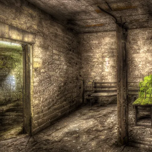 Prompt: you wake up on a cold bench, you look around. you find out that you are locked inside a musky cold abounded cellar with vines, moss and mushrooms growing around you, realistic, hdr, clear image, hdd, rtx on, dynamic lighting,