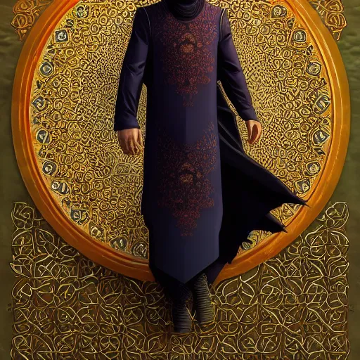 Image similar to lionel messi wearing islamic clothes, d & d, fantasy, intricate, elegant, highly detailed, digital painting, artstation, concept art, matte, sharp focus, illustration, art by artgerm and greg rutkowski and alphonse mucha