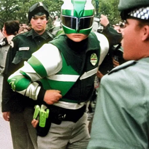 Prompt: a pulitzer prize winning photograph of tommy the green power ranger under arrest by police