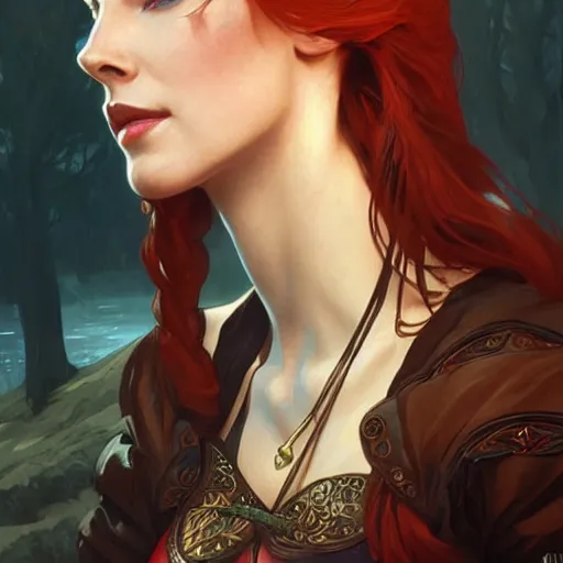 Image similar to Triss Merigold from The Witcher, D&D, fantasy, intricate, elegant, highly detailed, digital painting, artstation, concept art, matte, sharp focus, illustration, art by Artgerm and Greg Rutkowski and Alphonse Mucha