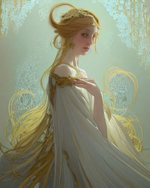 Prompt: portrait of an ethereal woman with pale hair and gold eyes wearing a flowing white and gold gown surrounded by wing motifs, ilya kuvshinov, greg rutkowski, anime, alphonse mucha, kay nielsen, intricate, digital painting, concept art