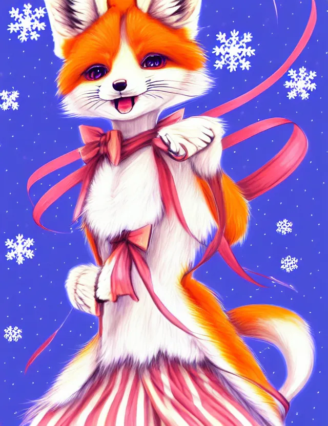 Prompt: a cute anthropomorphic calico fox girl anthro wearing vibrant ribbons and a fluffy coat and striped skirt, winter park background, very anime!!! kawaii!! furry!! intricate details, aesthetically complementary colors, scenic background, art by rising artists with a radically new style. trending on artstation, top rated on pixiv and furaffinity