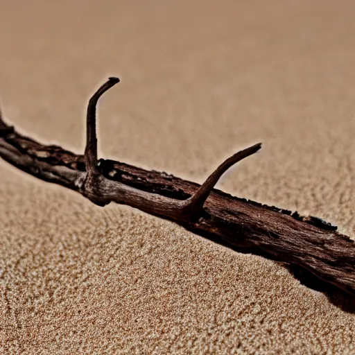 Prompt: very realistic close - up of a dried branch in a forest of sand, canon 5 d, 2 5 mm