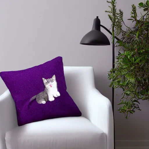 Prompt: purple pillow with kitties on it