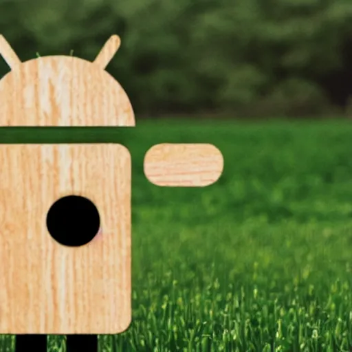 Prompt: An happy android made out of wood working in the fields