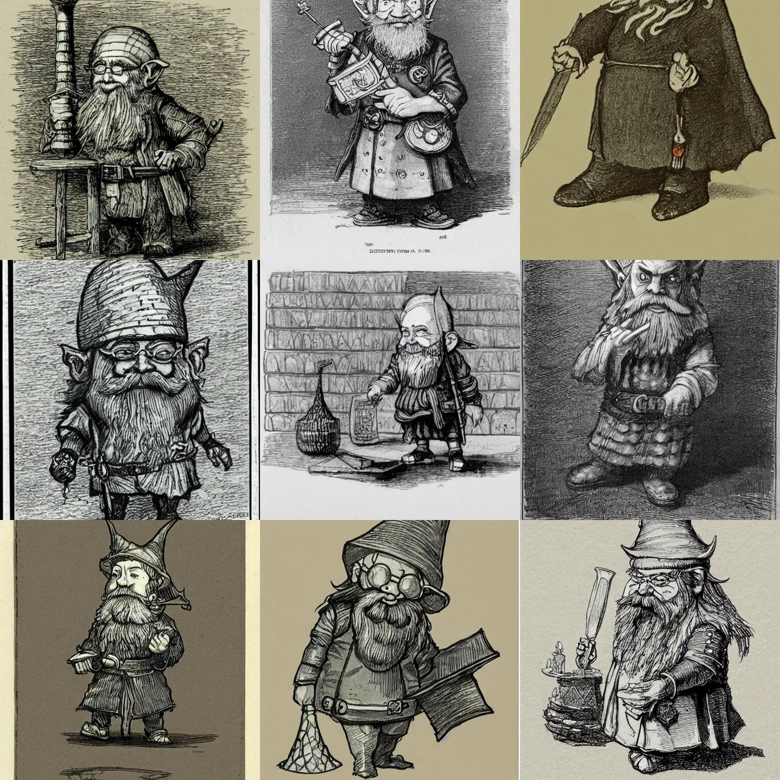 Prompt: sketch of a chibi dnd gnome wizard who is an inventor, etching by louis le breton, 1 8 6 9, 1 2 0 0 dpi scan
