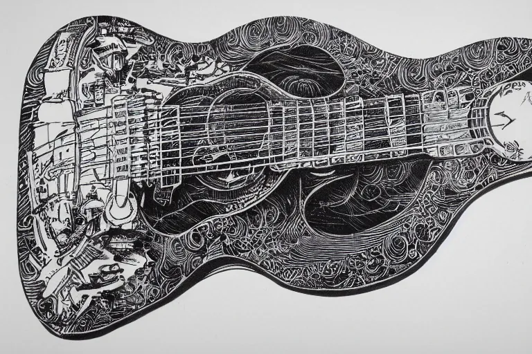 Image similar to blueprint for a guitar designed by Joe Fenton, black ink on textured paper, high detail, sketch, realistic, intricate, technical, art by Joe Fenton and syd mead