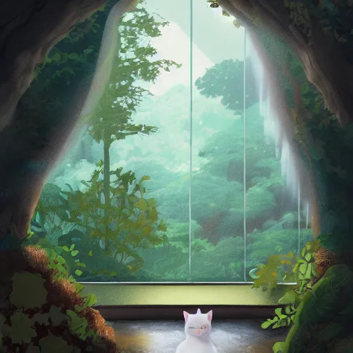 Image similar to a beautiful landscape including a waterfall and a forest through a window, cat sitting on the edge of the window, illustration, digital art, trending on artstation, no signature