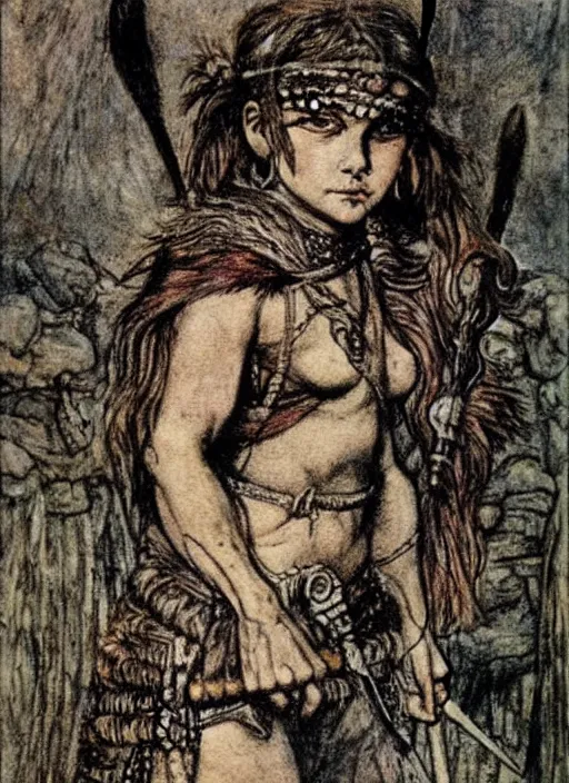 Image similar to barbarian warrior girl in tribal painting by Arthur Rackham