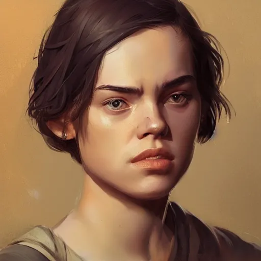 Prompt: portrait of a girl by greg rutkowski, she looks like daisy ridley, star wars expanded universe, she is about 2 0 years old, wearing a jumper overall, suspicious attitude, highly detailed portrait, digital painting, artstation, concept art, smooth, sharp foccus ilustration, artstation hq