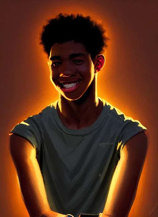 Image similar to portrait of teenage chuck clayton, black teenage boy, very short curly hair, very short hair, square jaw, slight excited smile, reading archie comic book, intricate, elegant, glowing lights, highly detailed, digital painting, artstation, concept art, smooth, sharp focus, illustration, art by wlop, mars ravelo and greg rutkowski