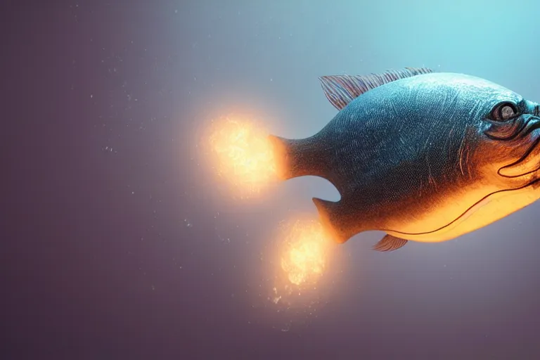 Prompt: Professional studio portrait of a deep sea fish with light dangling from head, hyperrealistic, concept art, illustration, 8k, cinematic, digital painting, very detailed, volumetric lighting, artstation, octane render