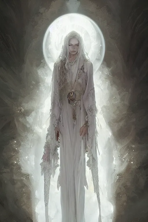 Image similar to pale priestess of the sacral moon full body portrait highly detailed, digital painting, artstation, concept art, smooth and sharp focus, illustration, art by tian zi and wlop and alphonse mucha