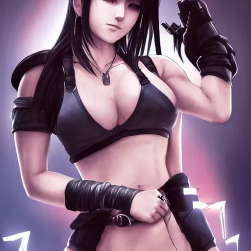 Prompt: high quality art of tifa lockhart with tattoos, trending on artstation