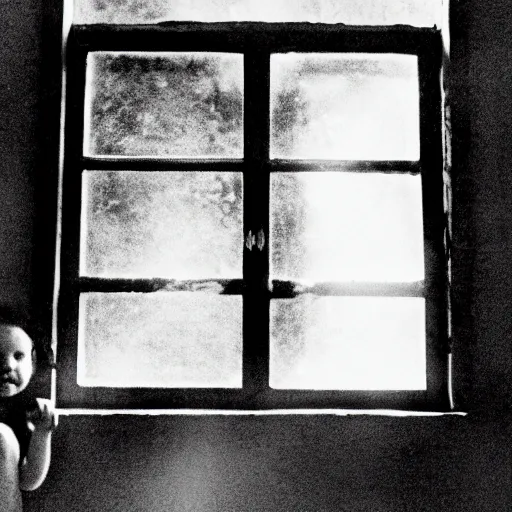 Prompt: creepy child standing behind a window of an old villa. 1 9 2 0 s black and white photo. wide shot. eerie, foggy.