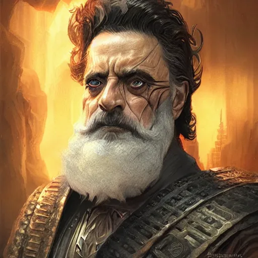 Prompt: hades, ian mcshane, beard, god of wealth, d & d, fantasy, portrait, highly detailed, digital painting, trending on artstation, concept art, sharp focus, illustration, art by artgerm and greg rutkowski and magali villeneuve