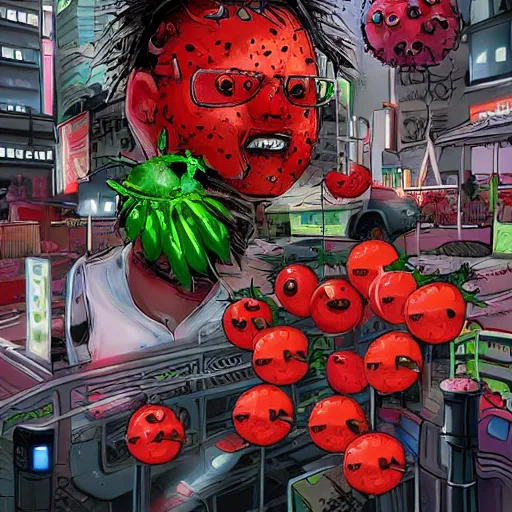 Image similar to attack of the killer's tomatoes. cyberpunk style