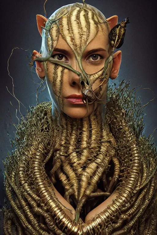 Image similar to portrait of a carnovorous plant with cat eyes, intricate, dystopian, extremely detailed, digital painting, sculpted in zbrush, artstation, concept art, smooth, sharp focus, illustration, chiaroscuro lighting, golden ratio, rule of thirds, fibonacci, incredible art by Stanley Artgerm Lau and Greg Rutkowski, composition by mike mignola and Simon Stalenhag,