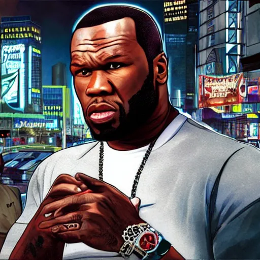 Image similar to 50 cent in a GTA 5 loading screen, concept art by Anthony McBain