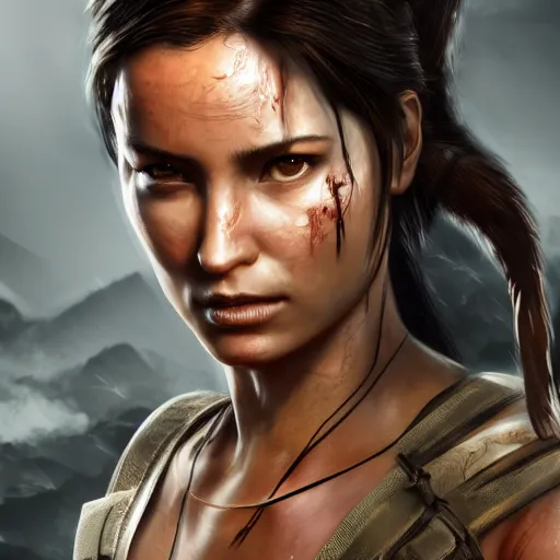 Image similar to Lara croft as samurai , wet face , heavy rain, dirt face ,dramatic, intricate, highly detailed, concept art, smooth, sharp focus, illustration, Unreal Engine 5, 8K