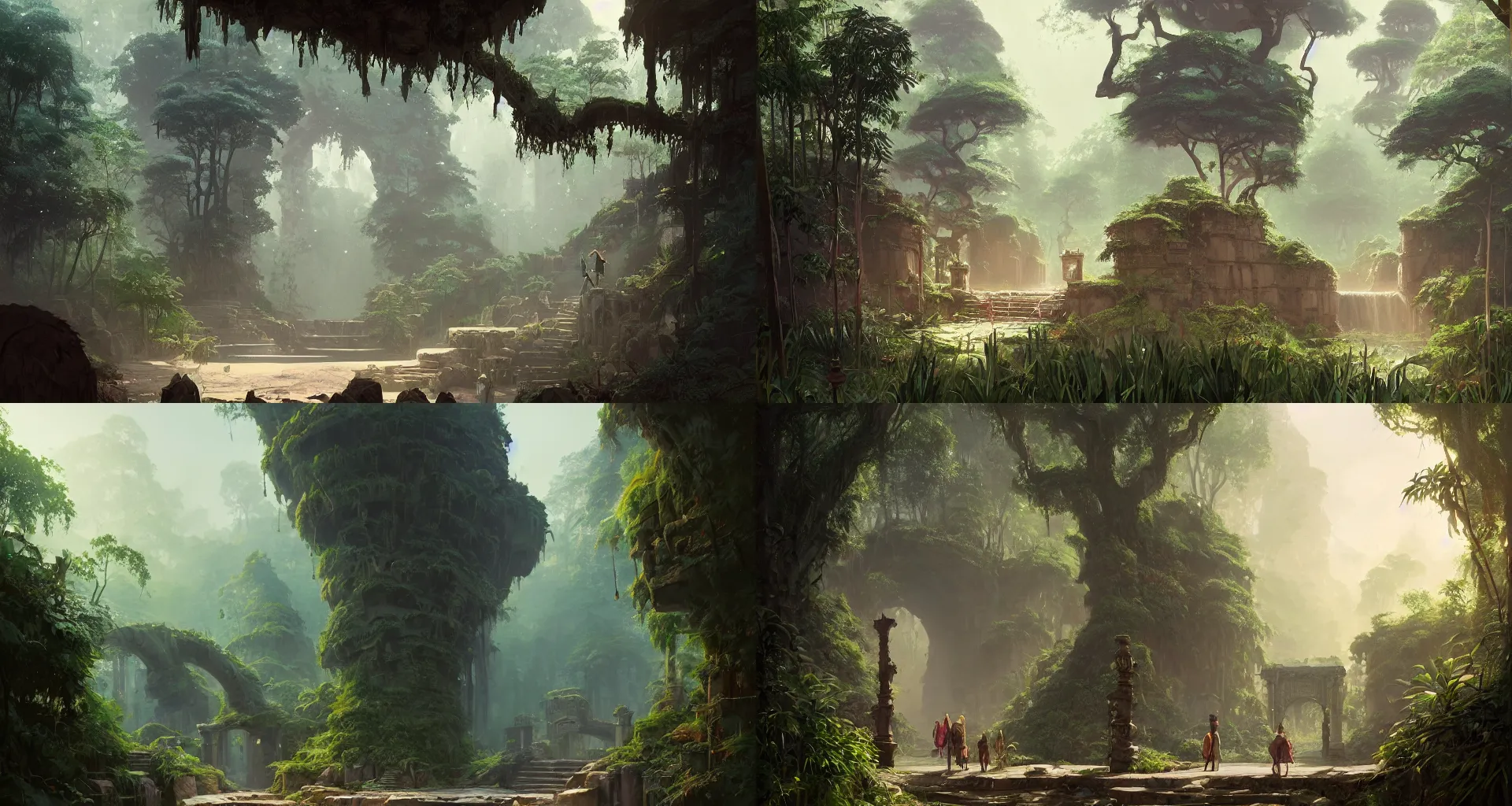 Prompt: a beautiful detailed matte painting of ancient ornamental mystical gate in the middle of jungle by atey ghailan, by greg rutkowski, by ghibli, hyper realistic, dynamic lighting, concept art, vibrant, detailed and complex environment, grunge aesthetic, clean, sharp, trending on artstation