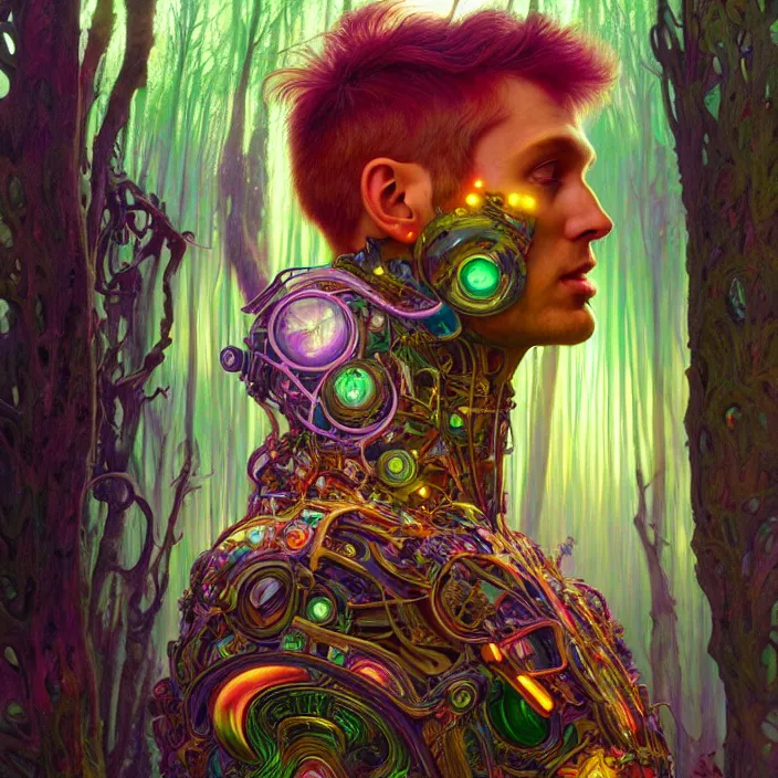 Prompt: bright psychedelic portrait of giant organic cyborg over an ancient forest, diffuse lighting, fantasy, intricate, elegant, highly detailed, lifelike, photorealistic, digital painting, artstation, illustration, concept art, smooth, sharp focus, art by John Collier and Albert Aublet and Krenz Cushart and Artem Demura and Alphonse Mucha