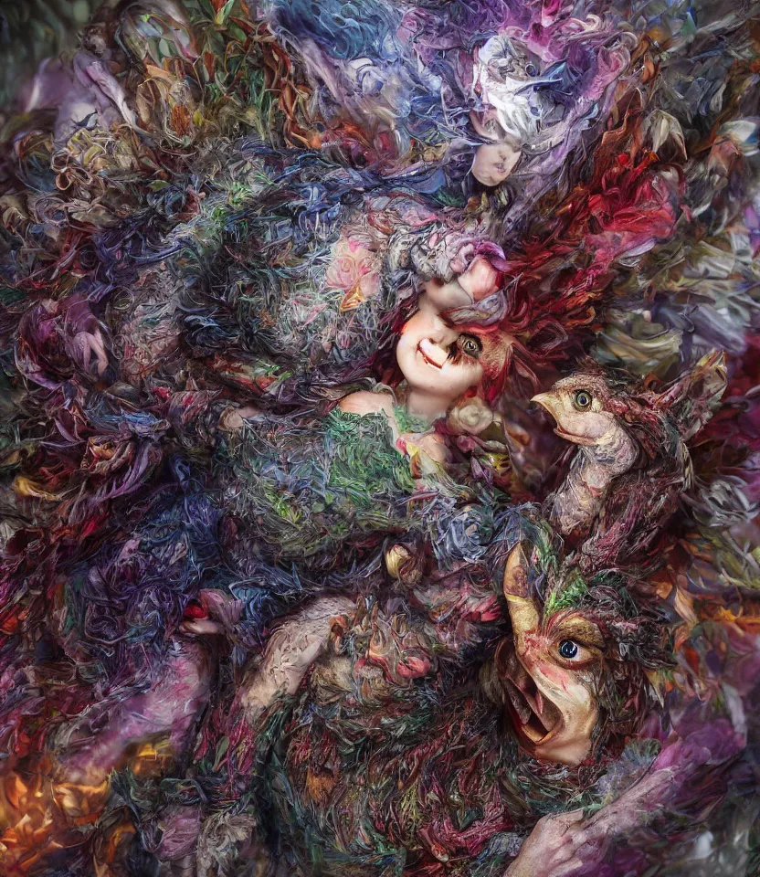 Image similar to hyper detailed 3d render like a Oil painting - kawaii portrait of hopeful lovers hugging tight or kissing pecking adorably Aurora (a beautiful girl skeksis muppet fae princess protective playful expressive acrobatic from dark crystal that looks like Anya Taylor-Joy) seen red carpet photoshoot in UVIVF posing in scaly dress to Eat of the Strangling network of yellowcake aerochrome and milky Fruit and His delicate Hands hold of gossamer polyp blossoms bring iridescent fungal flowers whose spores black the foolish stars by Jacek Yerka, Ilya Kuvshinov, Mariusz Lewandowski, Houdini algorithmic generative render, golen ratio, Abstract brush strokes, Masterpiece, Edward Hopper and James Gilleard, Zdzislaw Beksinski, Mark Ryden, Wolfgang Lettl, hints of Yayoi Kasuma and Dr. Seuss, Grant Wood, octane render, 8k