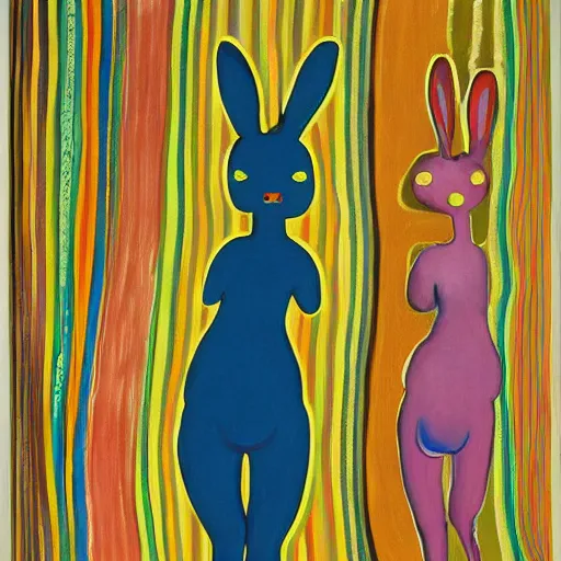 Image similar to A woman puking rainbow bunnies painted by Alice Neel