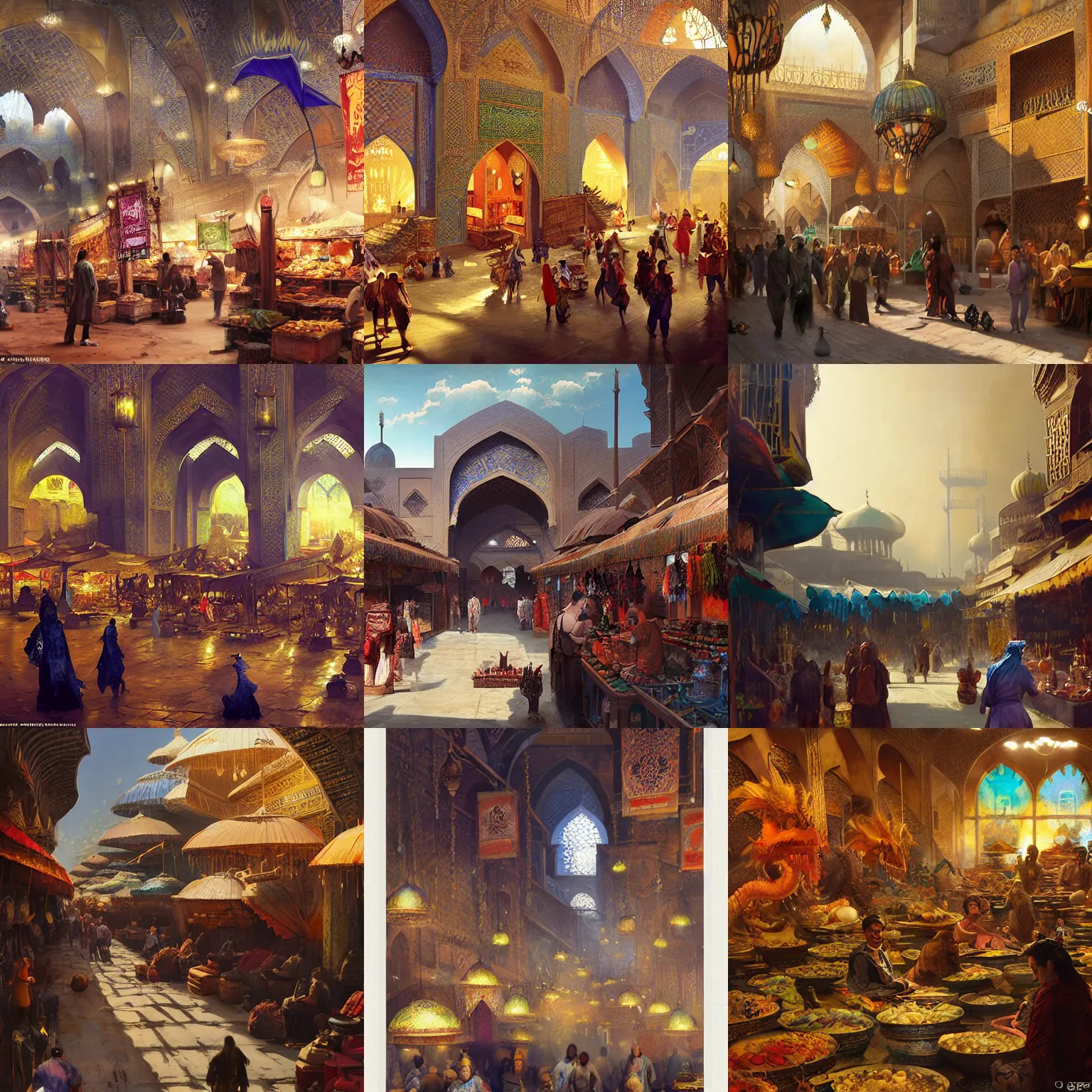 Prompt: a concept art matte painting in the style of orientalism of dragons on display in a dragon auction in the grand bazaar of isfahan by greg rutkowski and edwin lord weeks, speed painting with brush strokes of a dragon market