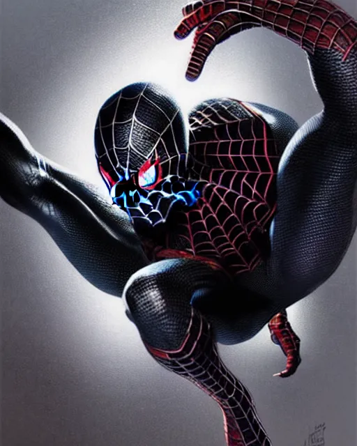 Prompt: A black substance is taking control of spiderman, highly detailed, intricate reflection patterns, sharp focus, art by Artgerm and Greg Rutkowski and WLOP