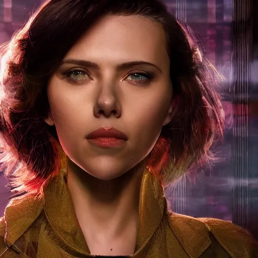 Prompt: a beautiful medium - shot still of scarlett johansson from ghost in the shell looking off into the distance, a - line bob hairstyle, black hairs, ultra realistic, soft, blue hour, soft neons light from night city falling on her face. focus on her eyes and brows. by annie leibowitz